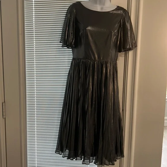 Adrianna Papell Pleated Metallic Foiled Chiffon Dress, Womens, 2, Gunmetal/Black Adrianna Papell Pleated Metallic Foiled Chiffon Dress, Womens, 2, Gunmetal/Black